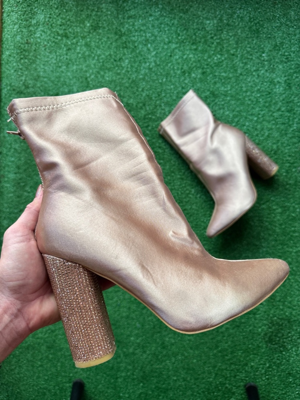 Women's satin Rose Gold/champagne colored Block Heel Ankle Boot